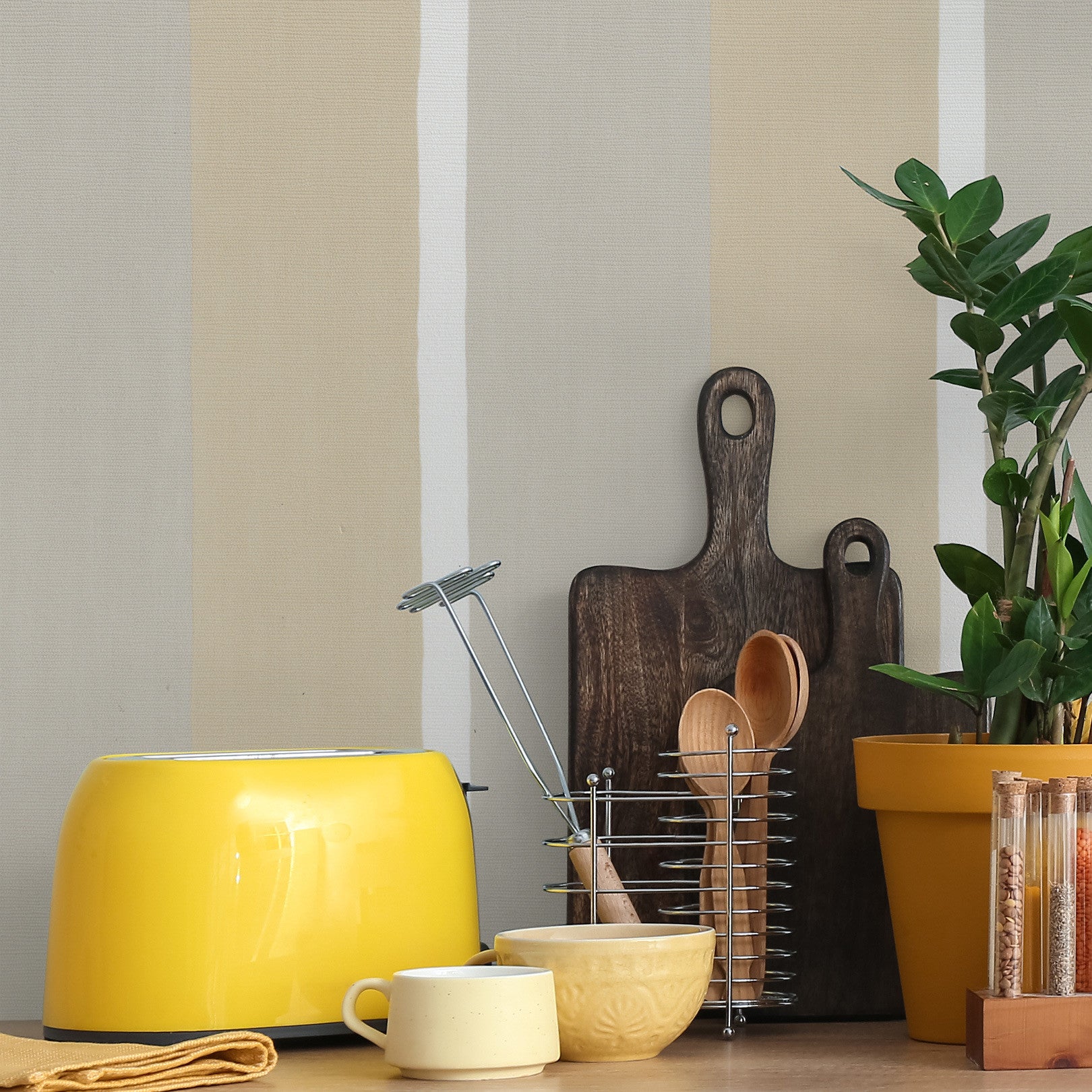 Structural wallpaper imitating striped canvas SINOPIA - TRAVERTINE/GRAY travertine with brown