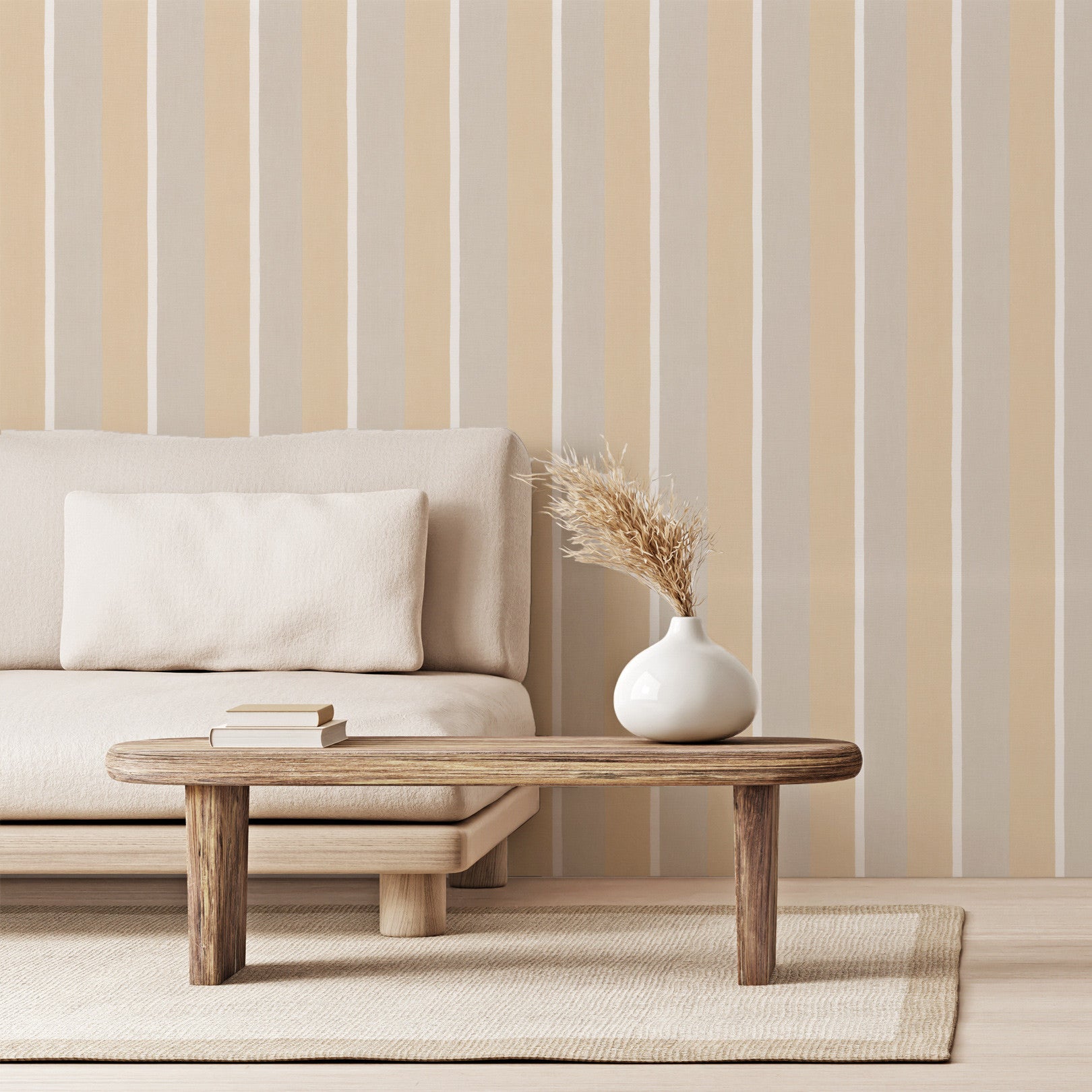 Structuurtapijt dat canvas met strepen imiteert SINOPIA - TRAVERTIN/GRÈGE travertijn met bruin