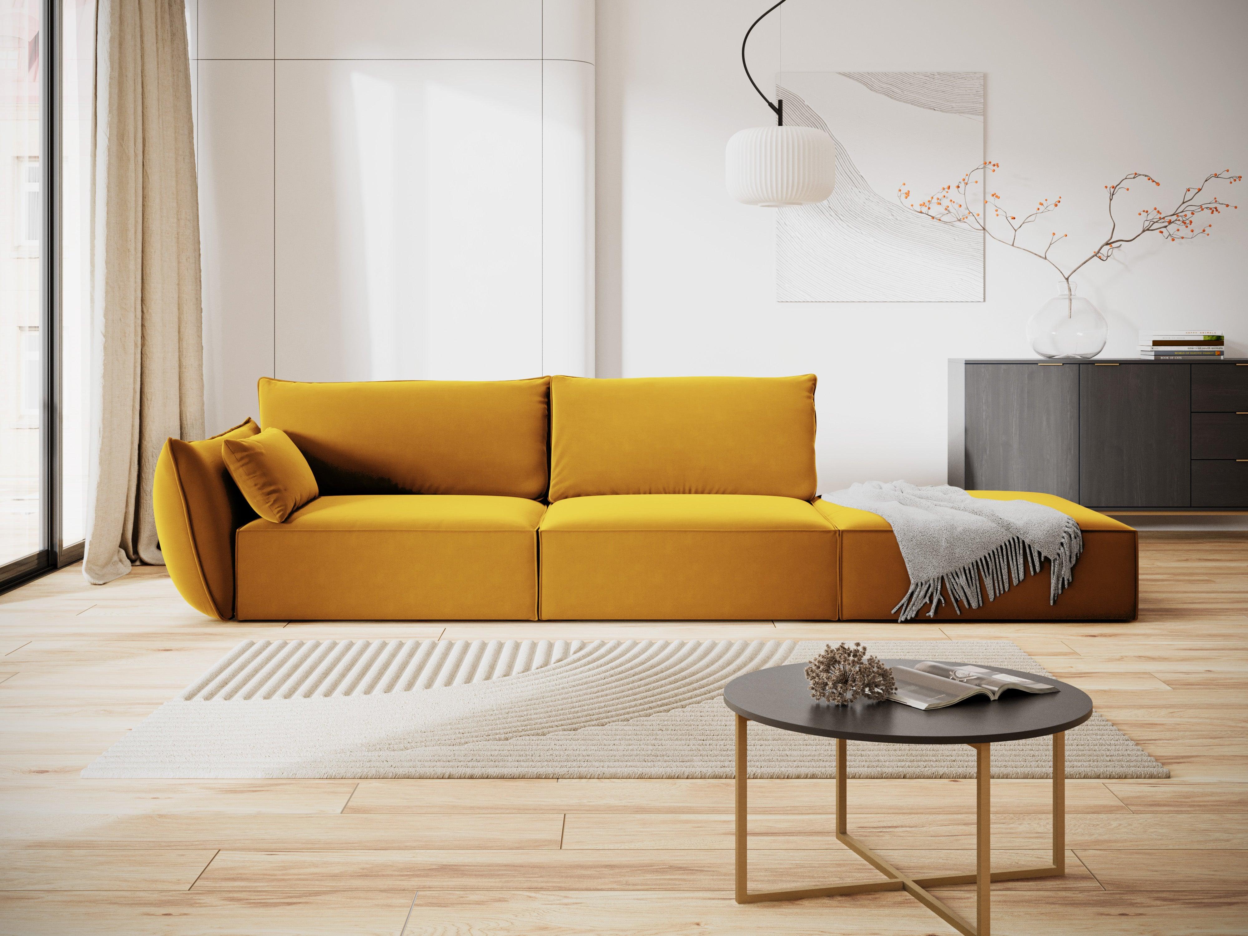 Sofa aksamitna prawostronna otwarta VANDA musztardowy – styl nowoczesny