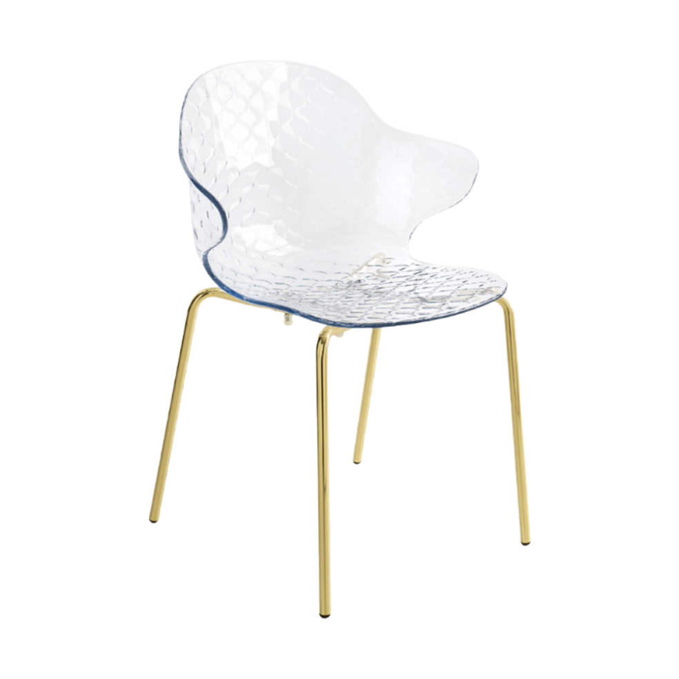 SAINT TROPEZ chair with a transparent seat and a golden metal base