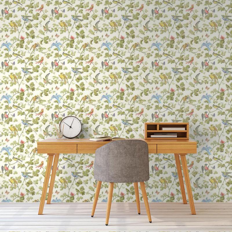 Wallpaper with a plant and animal motif of birds and leaves ARCHIVE ANTHOLOGY - Winter Birds pink on cream