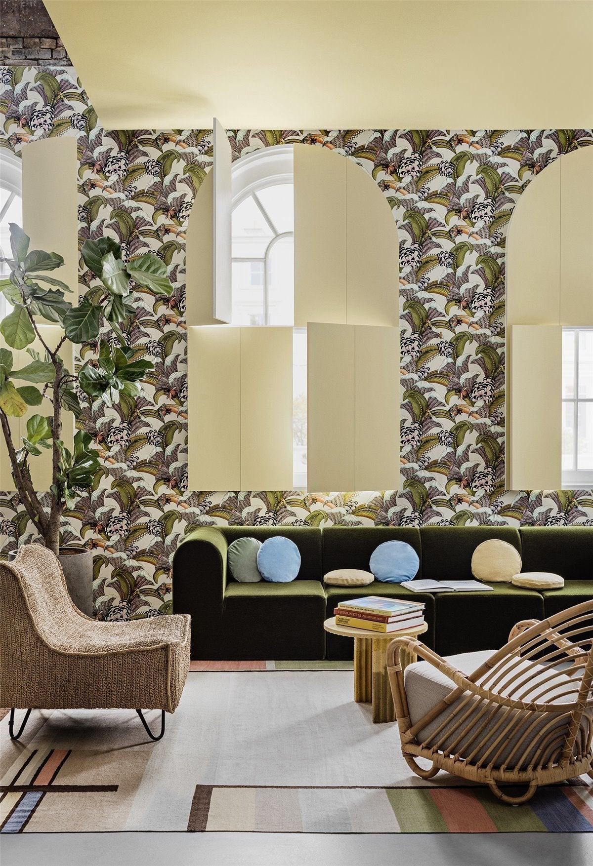 Wallpaper with Plant Motif ARDMORE JABULA - Hoopoe Leaves Dark Green