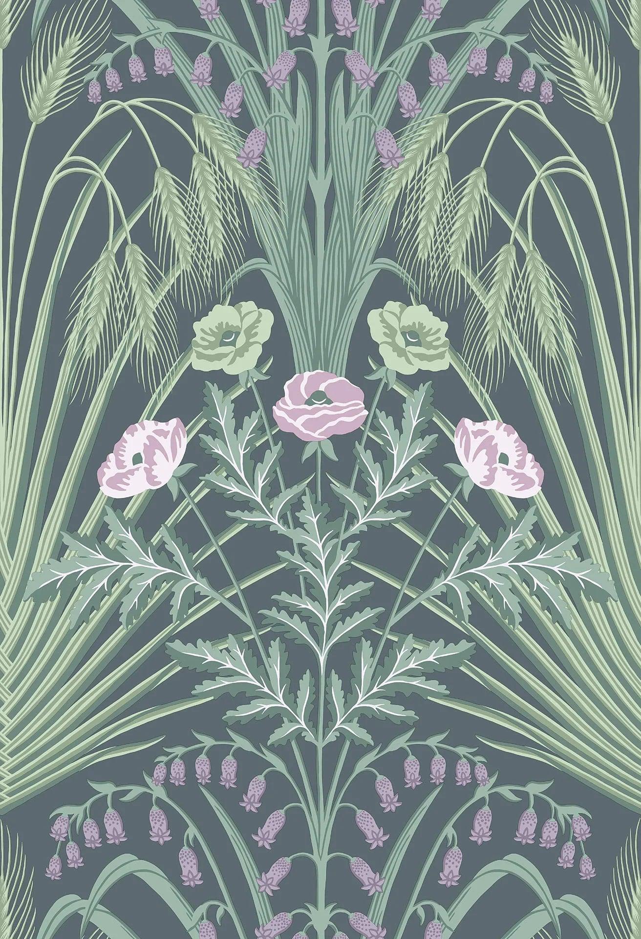 Wallpaper with a plant motif of leaves and flowers BOTANICAL BOTANICA - Bluebell lilac on dark green