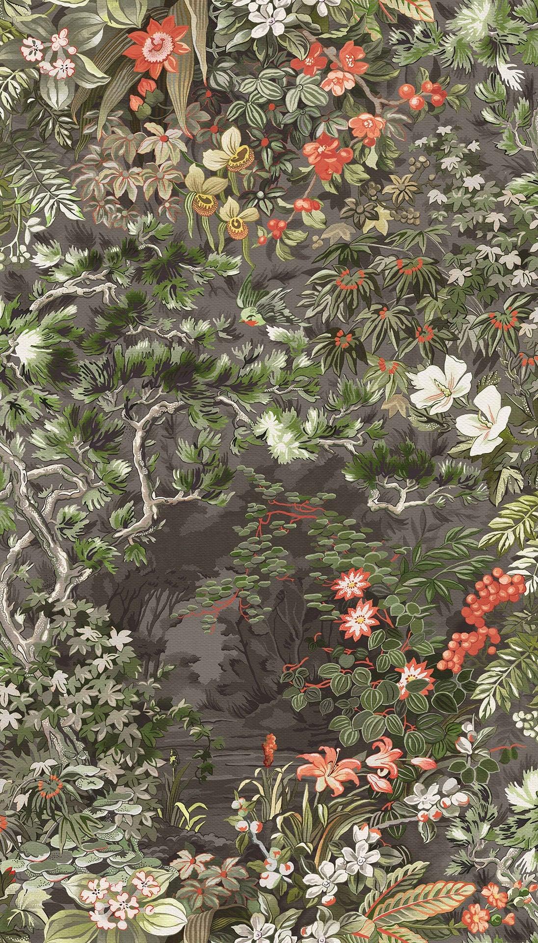Botanical Forest Wallpaper - Gray Woodland with Green