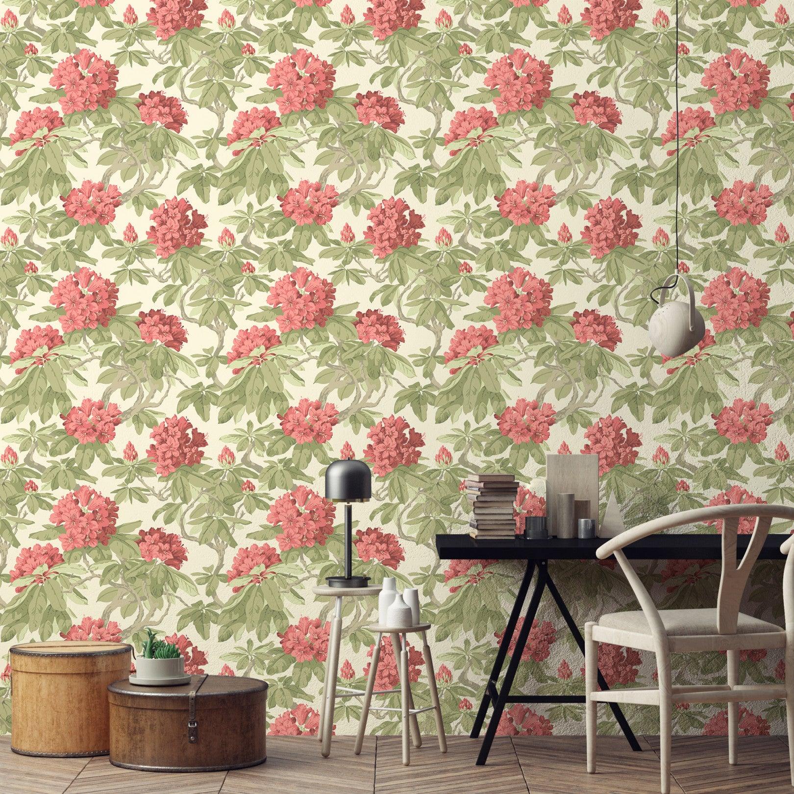 Behang met plantenmotief van bloemen en bladeren FOLIE - Bourlie roos op wit