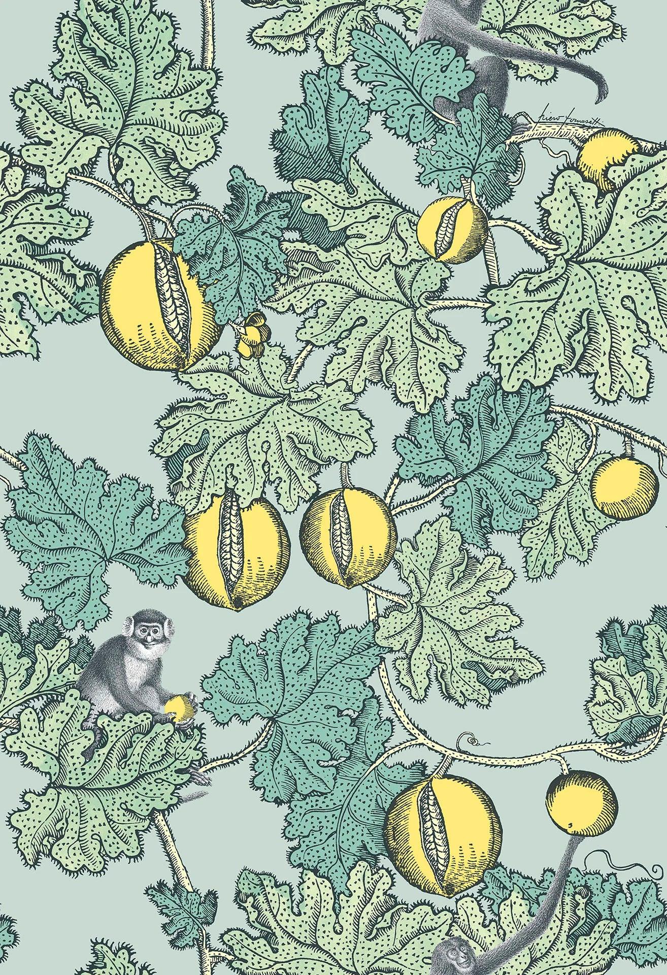 Behang met een dieren- en plantenmotief van bladeren en vruchten FORNASETTI - Frutto Proibito blauw