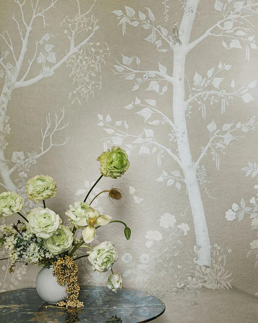 Wallpaper with a plant motif of trees and forest THE GARDENS - Seasonal Woods pearlescent finish sage