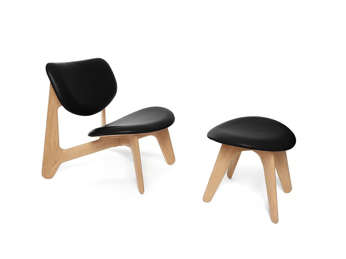 Voetenbank SLAB zwarte leer met eikenhouten basis