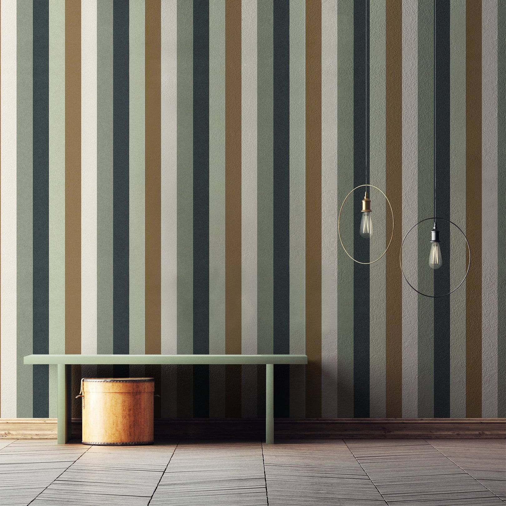 Tapeta strukturalna w paski TRANSAT - CELADON/BRONZE seledynowy z brązowym na ścianę – Casamance