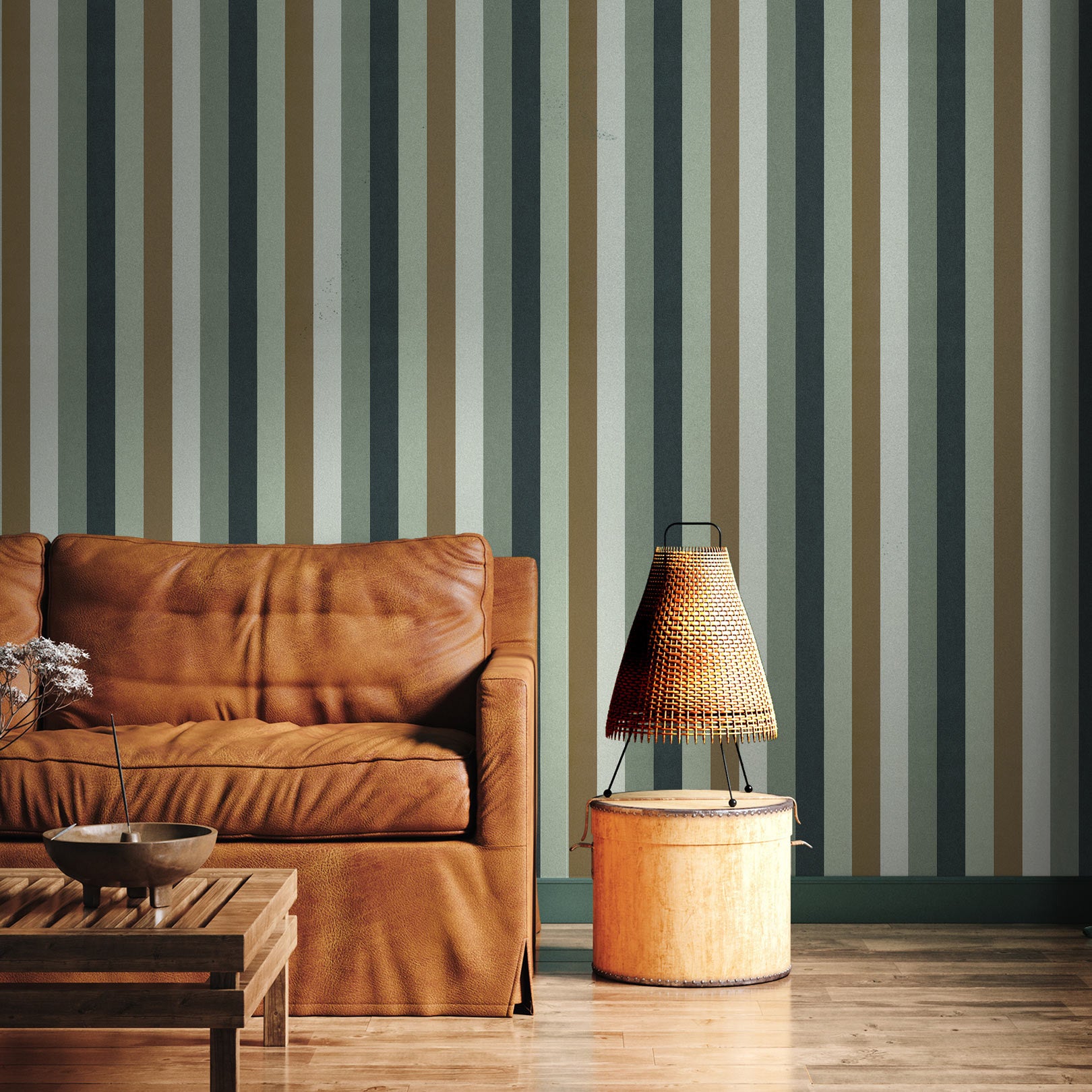 Tapeta strukturalna w paski TRANSAT - CELADON/BRONZE seledynowy z brązowym – styl nowoczesny
