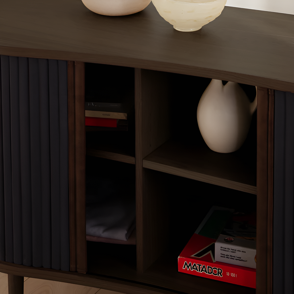 AUDACIOUS anthracite RTV cabinet with a dark oak base