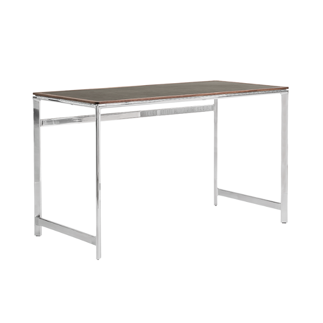 Bureau STUDIO groen leren blad met notenhouten frame en aluminium basis