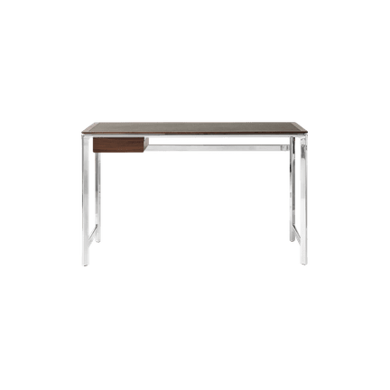 Bureau STUDIO groen leren blad met notenhouten frame en aluminium basis