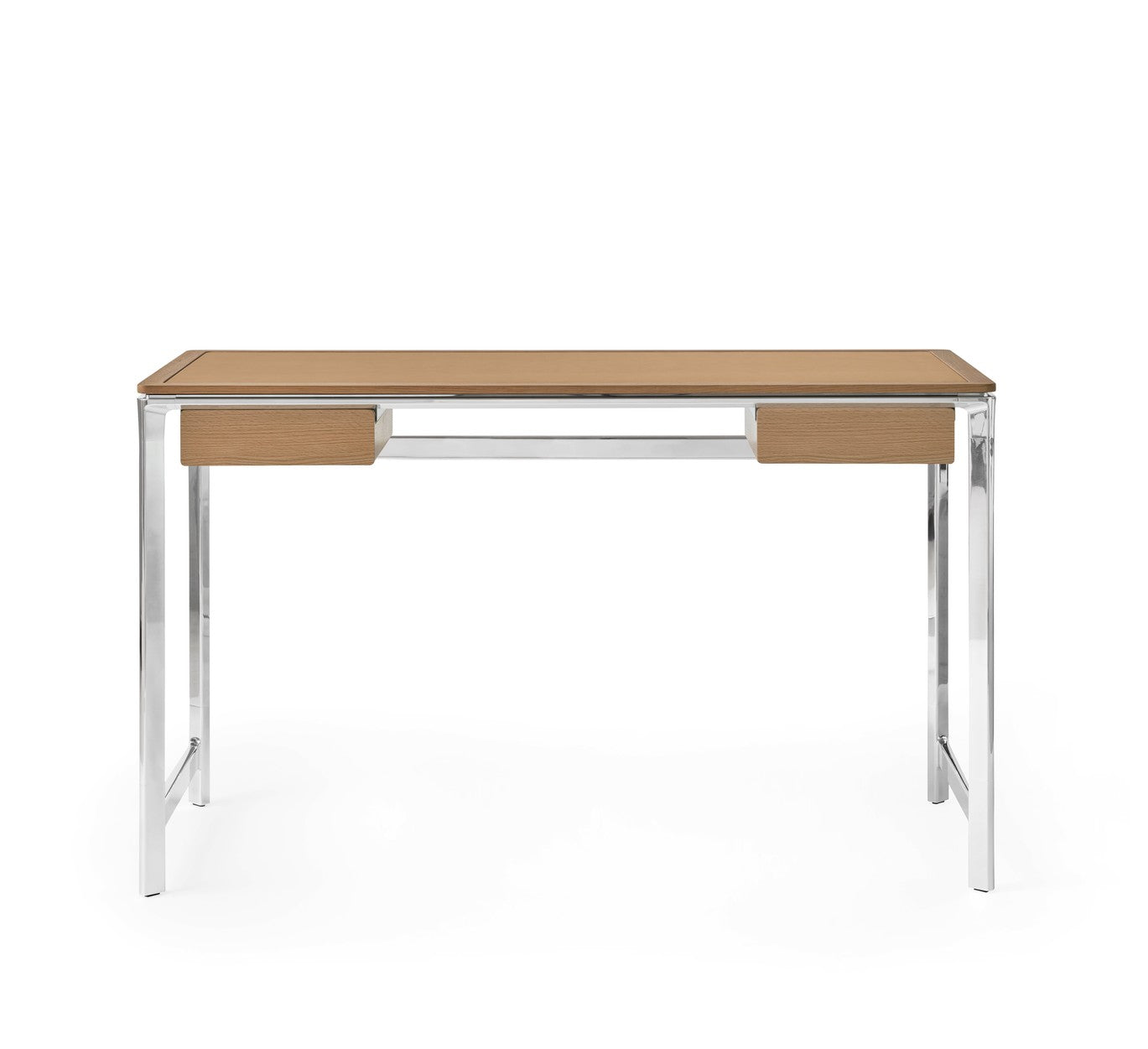 Schreibtisch STUDIO kamelbraun mit Lederoberfläche, Eichenrahmen und Aluminiumfuß