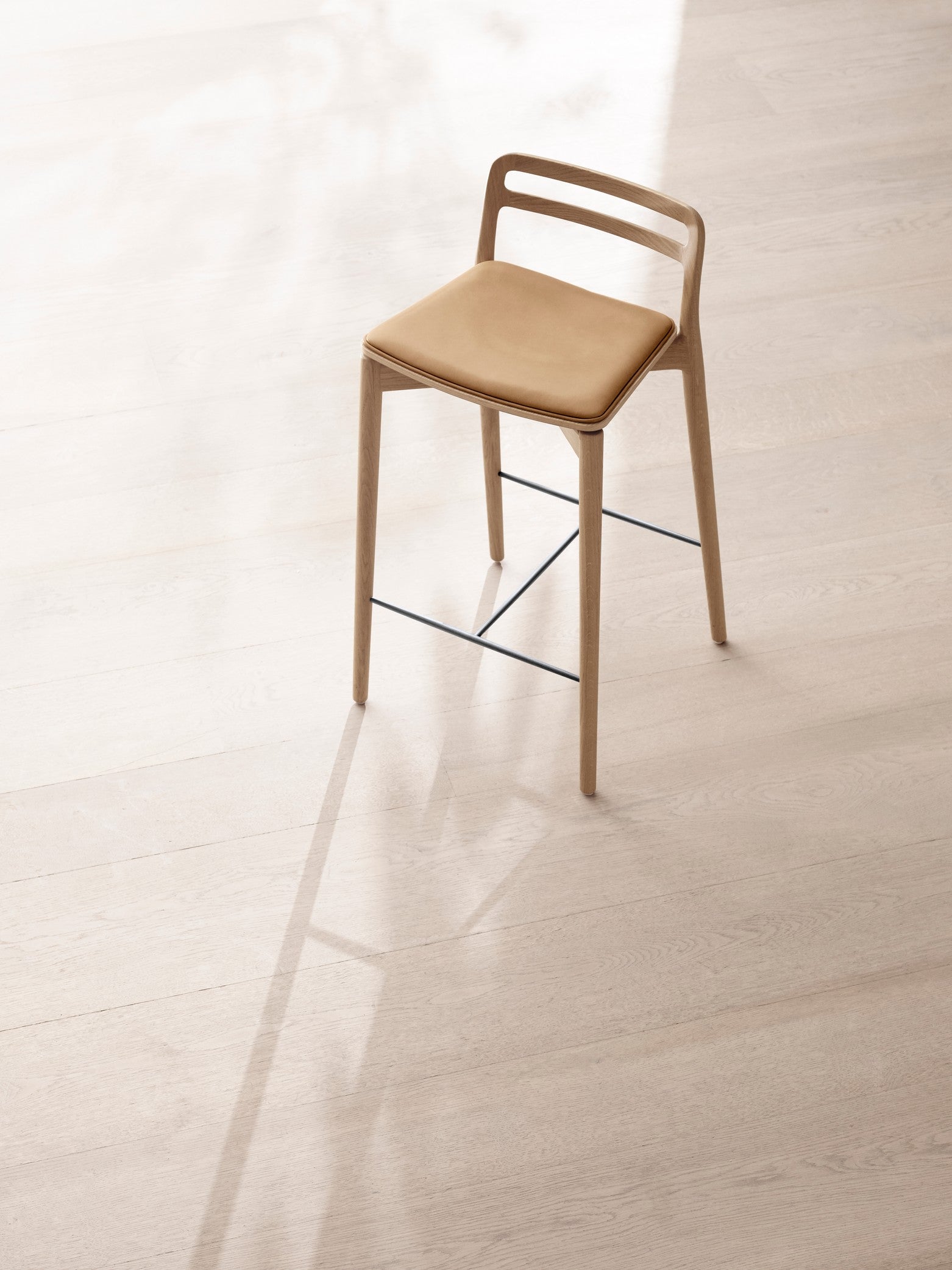 Cabin Stool in Caramel Leather with Light Oak Base